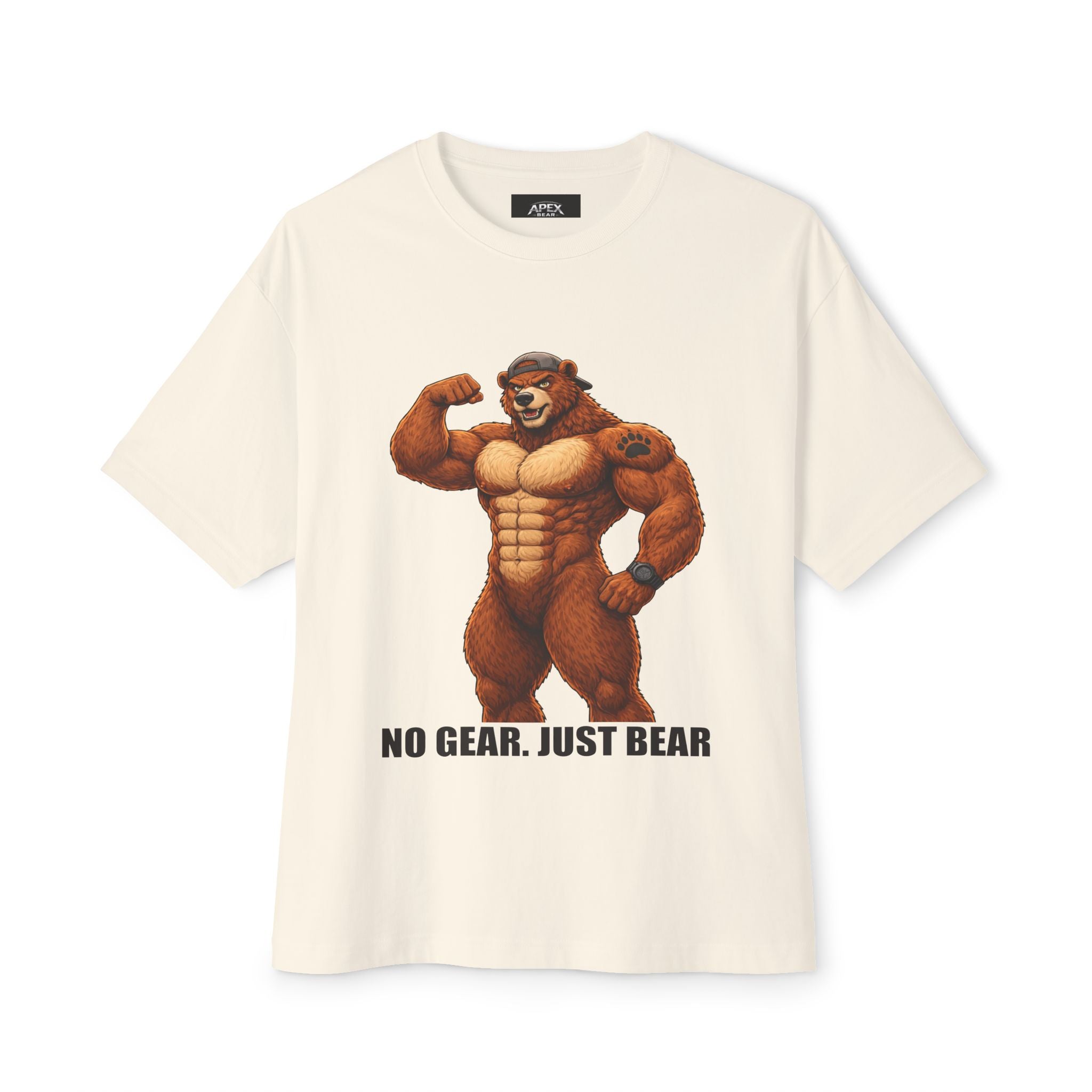 No Gear, Just Bear Tee — Muscular Bear Graphic Oversized Boxy T-Shirt