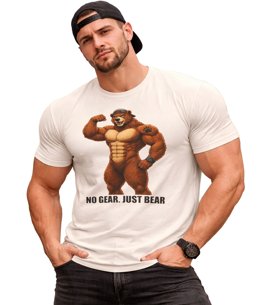 No Gear, Just Bear Tee — Muscular Bear Graphic Oversized Boxy T-Shirt