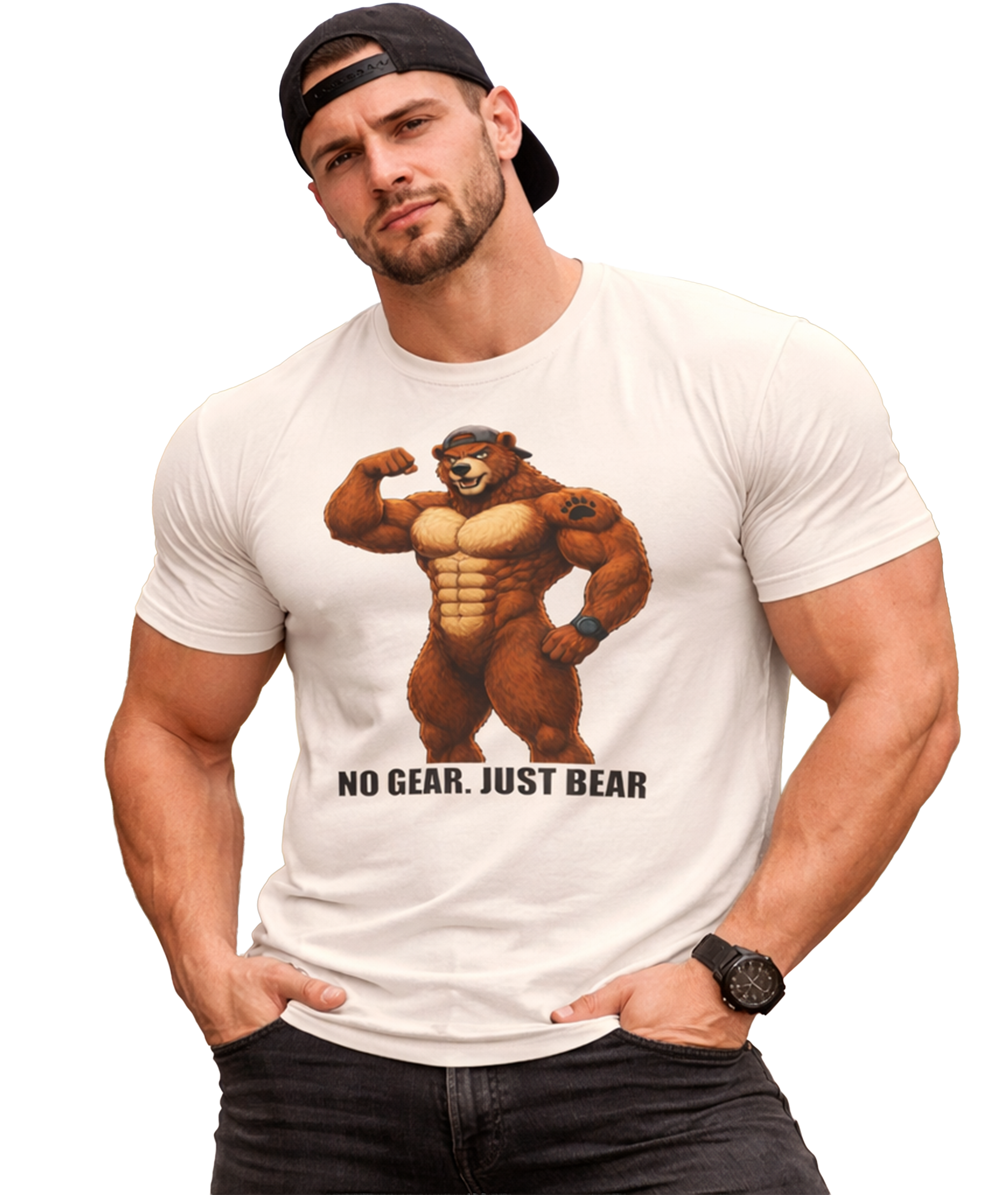 No Gear, Just Bear Tee — Muscular Bear Graphic Oversized Boxy T-Shirt