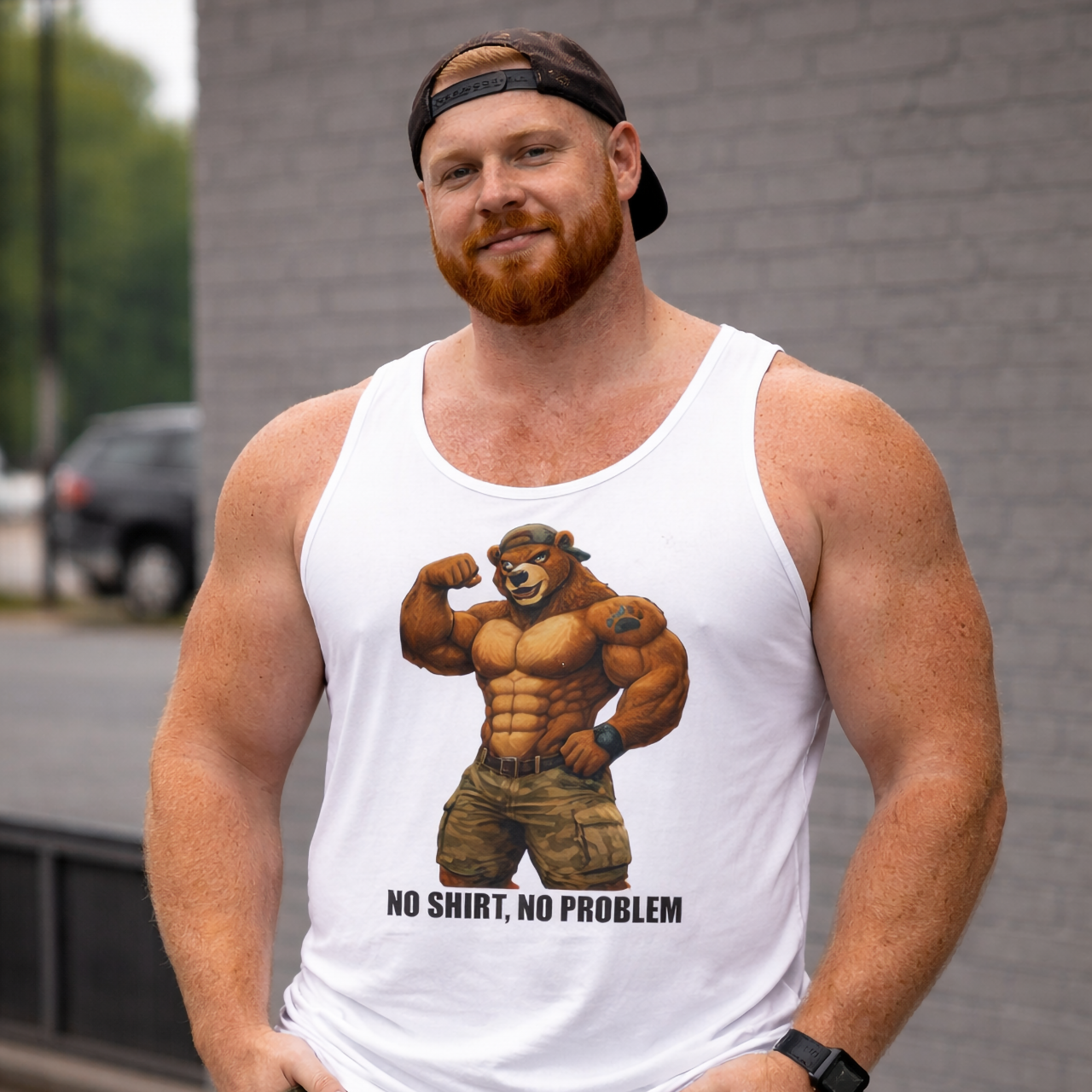 Muscular Bear Tank Top — "No Shirt, No Problem" Graphic Tank