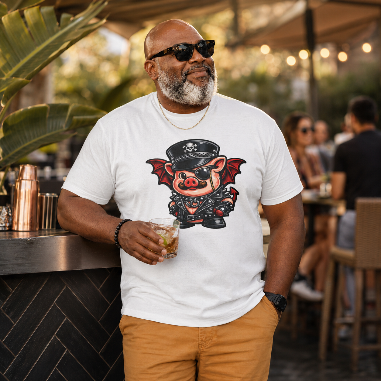 Bacon, but make it wicked — a cute little devil pig with leather attitude and just enough trouble to get noticed.