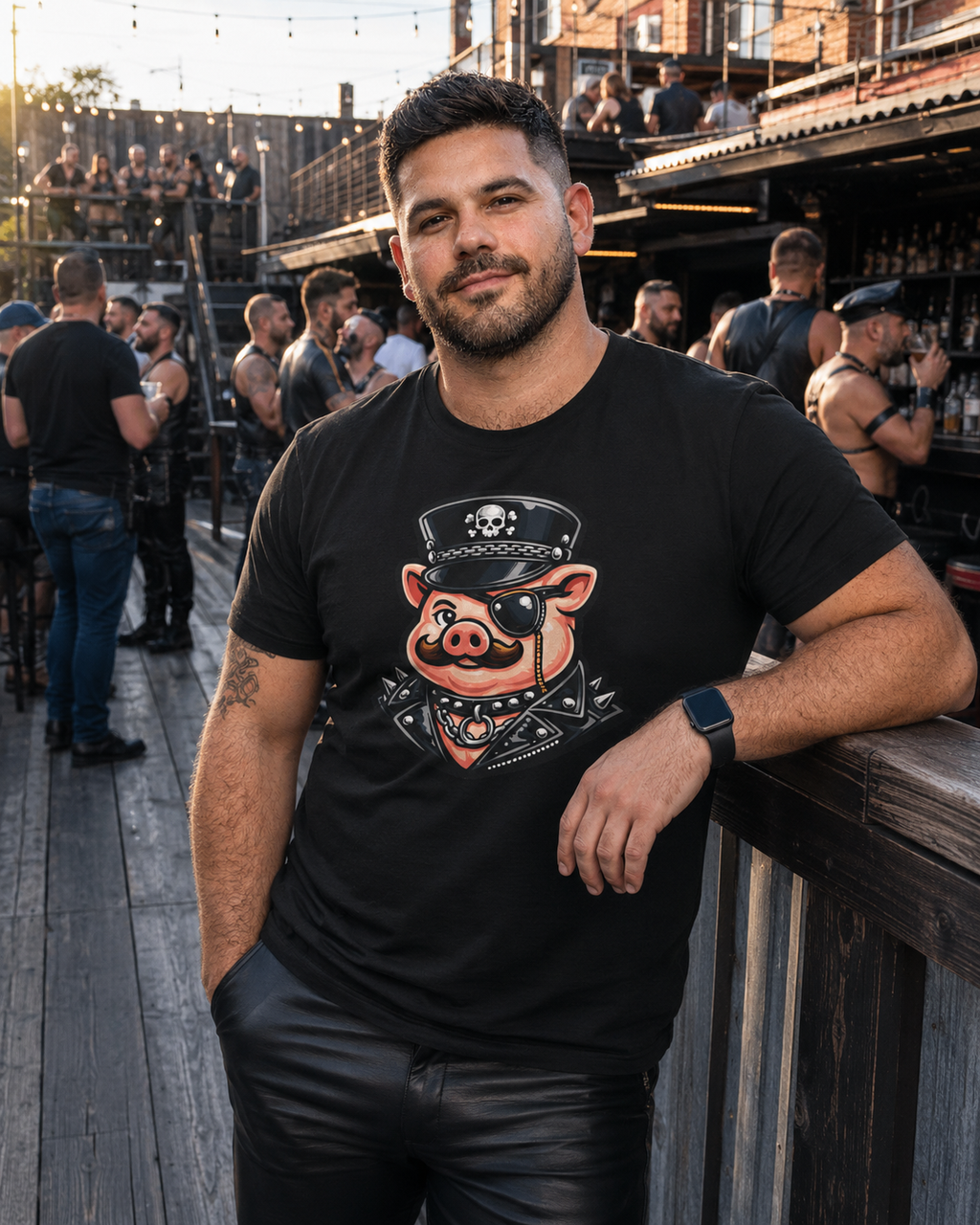 Mr. Pig went to market, dressed to misbehave.