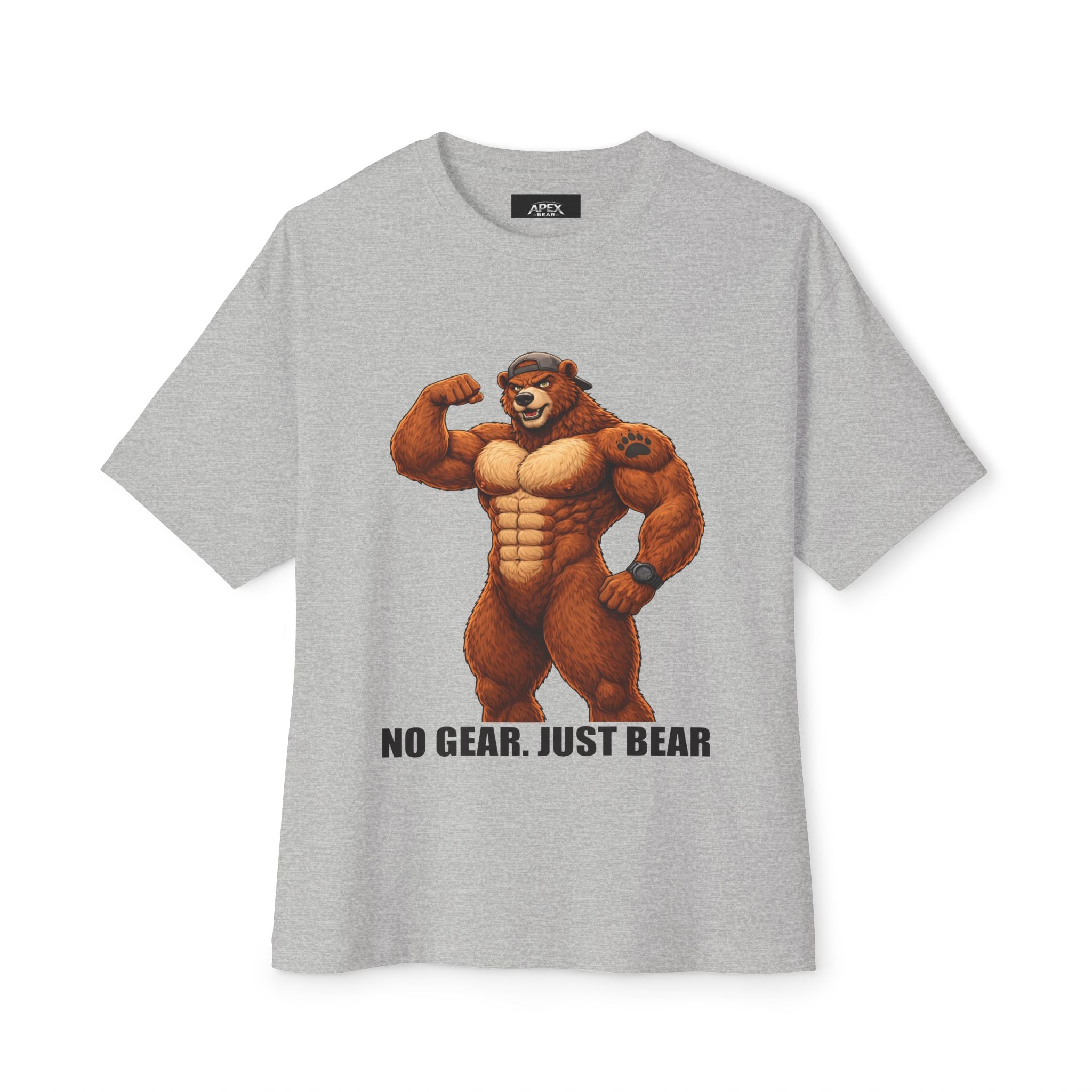 No Gear, Just Bear Tee — Muscular Bear Graphic Oversized Boxy T-Shirt