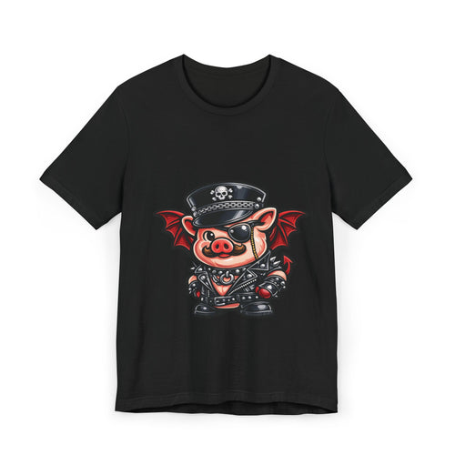 Bacon, but make it wicked — a cute little devil pig with leather attitude and just enough trouble to get noticed.