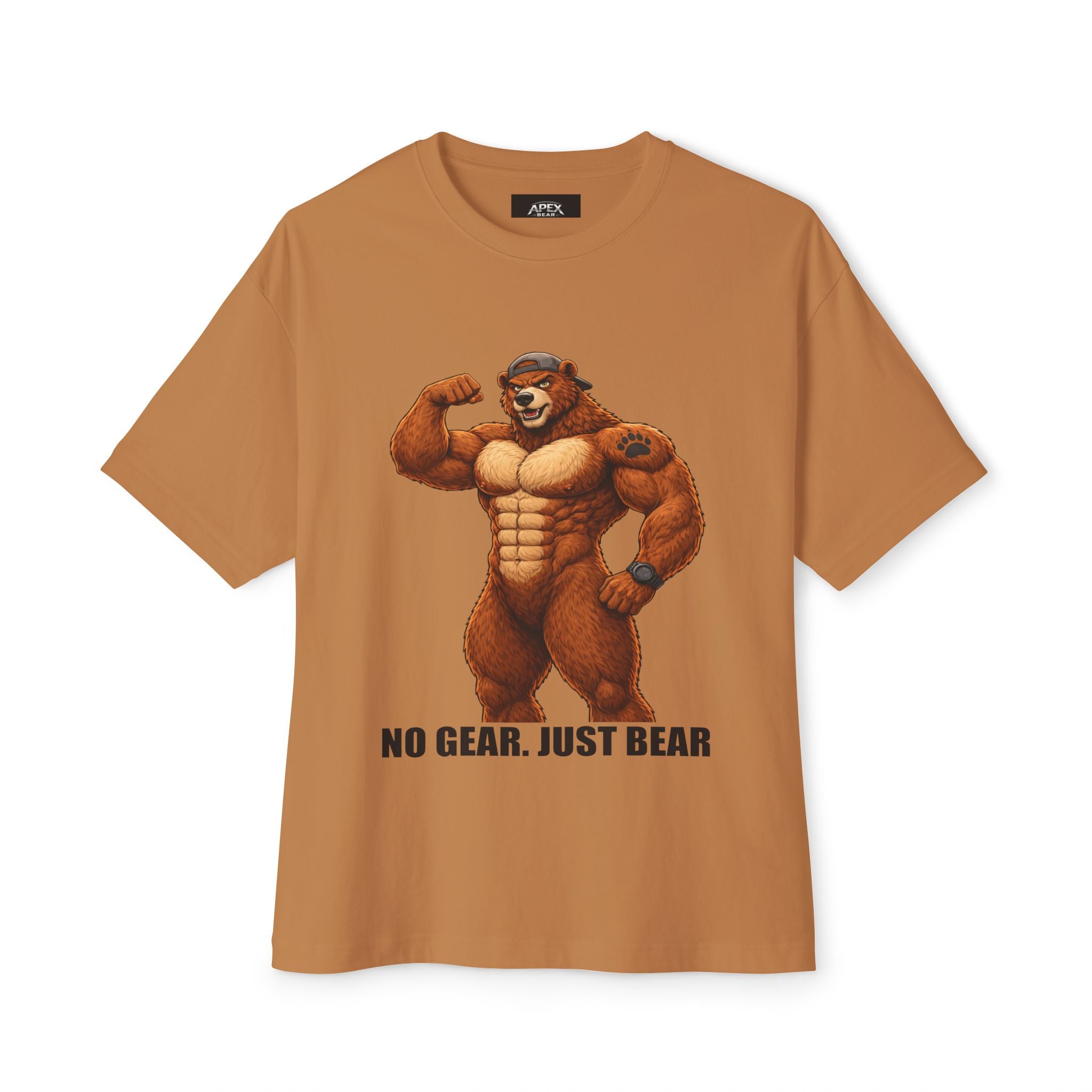 No Gear, Just Bear Tee — Muscular Bear Graphic Oversized Boxy T-Shirt